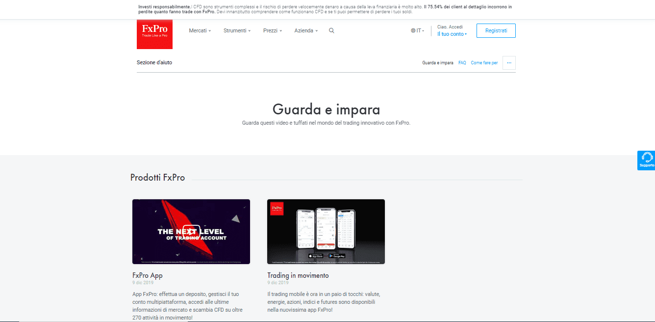 Sezione Guarda e impara di FxPro